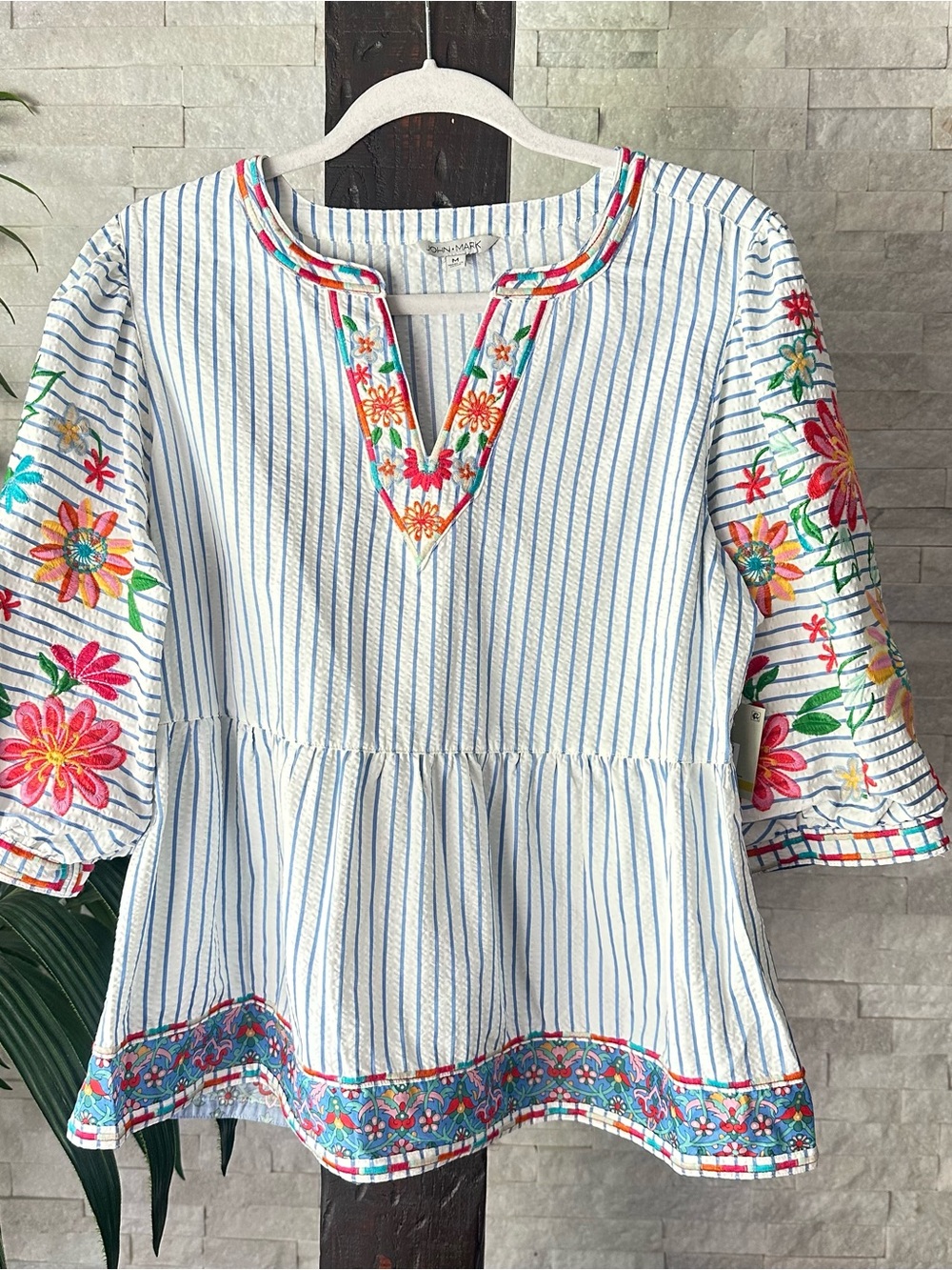 John Mark White & Blue Stripe Top with Vibrant Floral Embroidery Size M New Tags